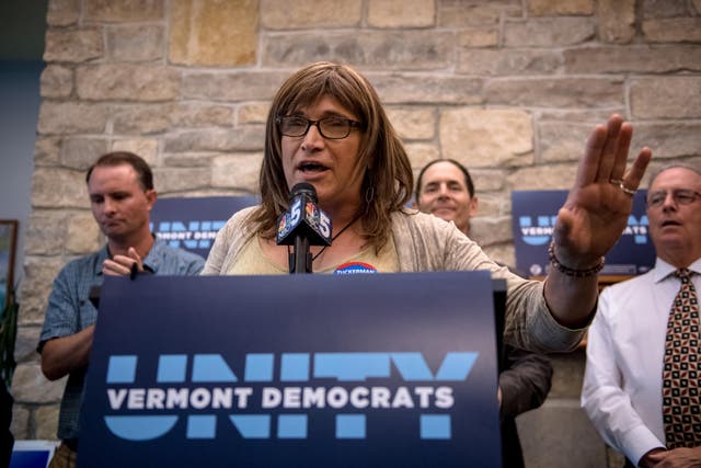 Vermont Democratic gubernatorial nominee Christine Hallquist speaks at a Vermont Democratic Unity Rally