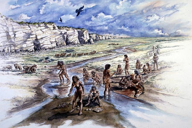 Artist's impression of Boxgrove half a million years ago. It depicts a group of pre-Neanderthal humans – including  a woman making a flint tool