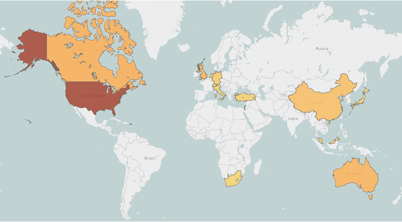 Countries with targeted universities. The darker the color, the higher the number of affected universities