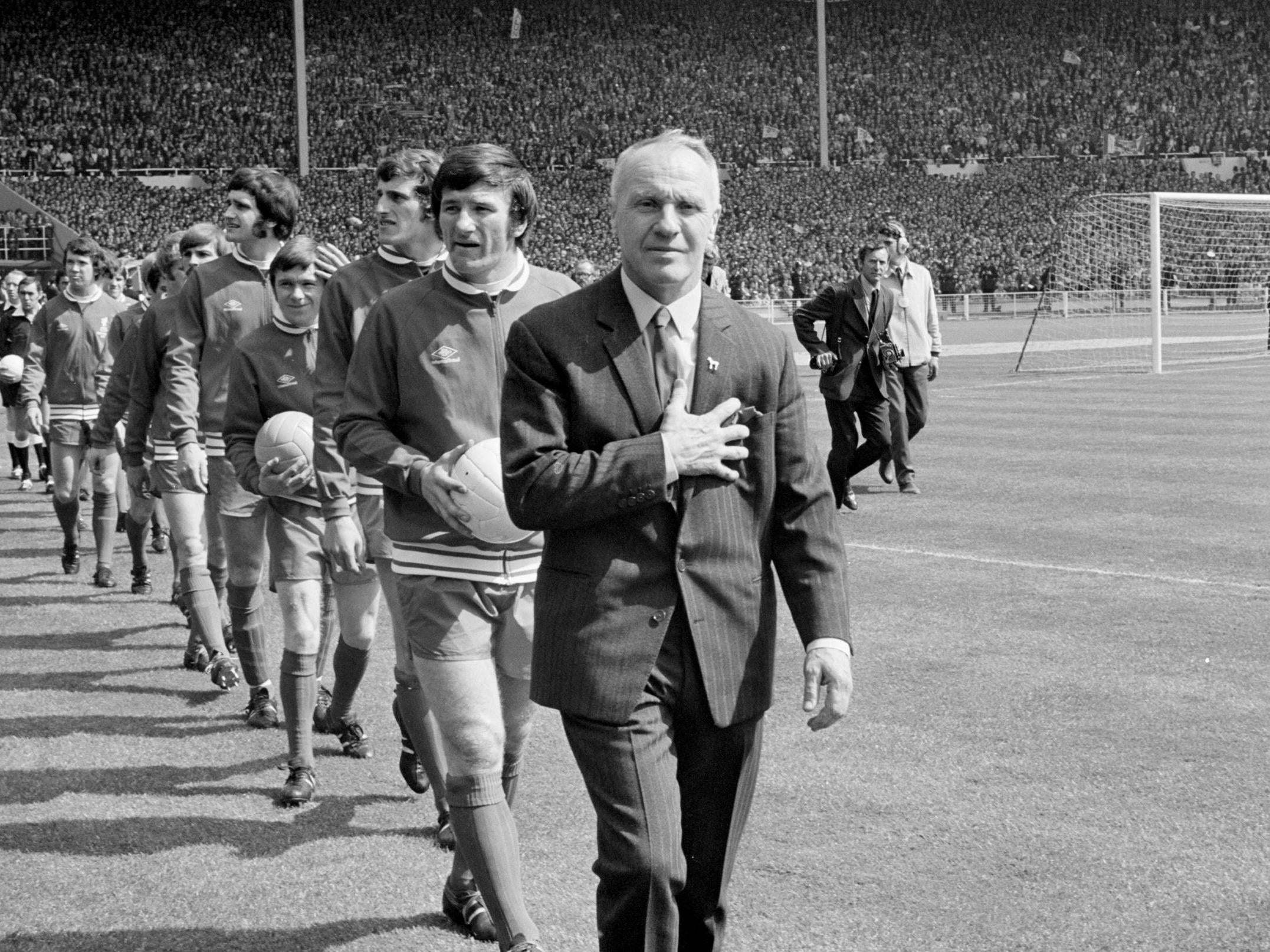 Bill Shankly in his usual attire for the 1971 FA Cup final between Liverpool and Arsenal