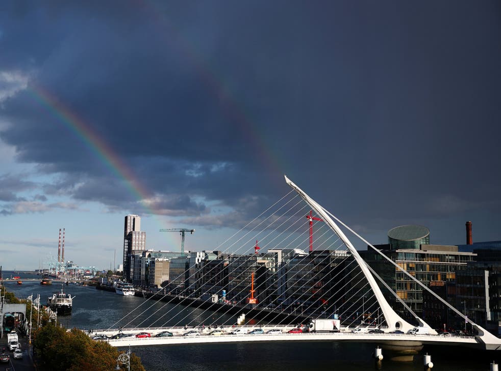 A double rainbow over the river Liffey ahead of the Pope's visit to Dublin in Ireland