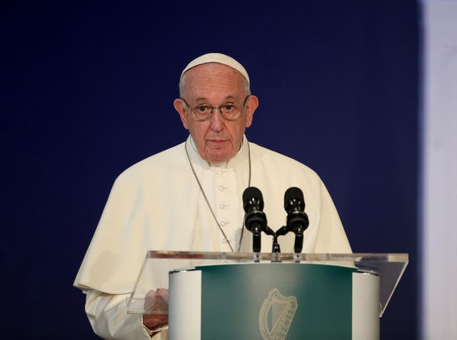Pope Francis delivers a speech in St Patrick’s Hall at Dublin Castle