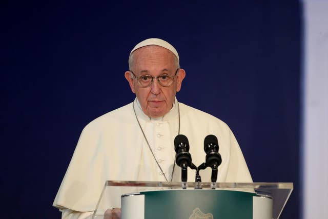Pope Francis delivers a speech in St Patrick’s Hall at Dublin Castle