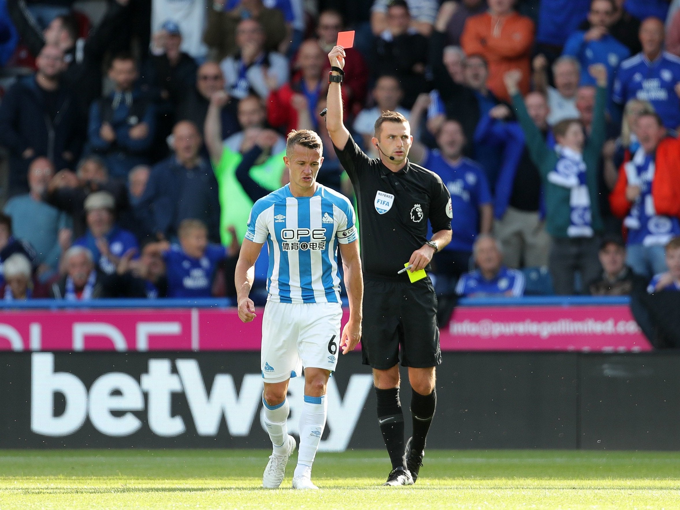 Jonathan Hogg is sent off by referee Michael Oliver