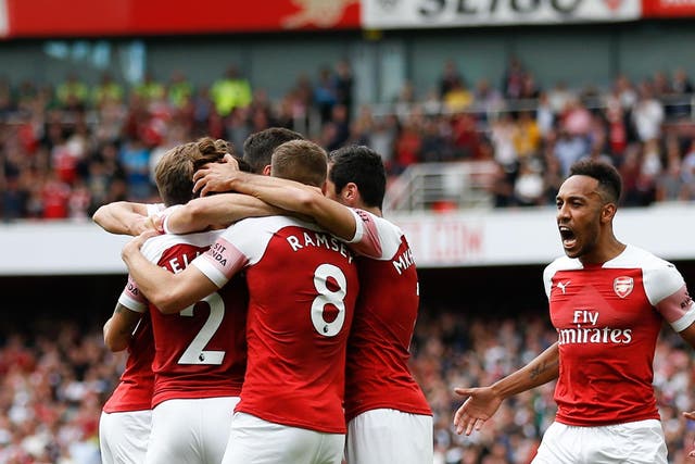 Arsenal celebrate Nacho Monreal's equaliser on the 30-minute mark