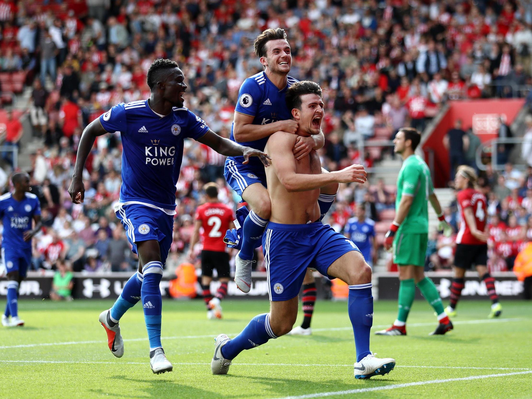 Harry Maguire celebrates his injury-time winner for the Foxes