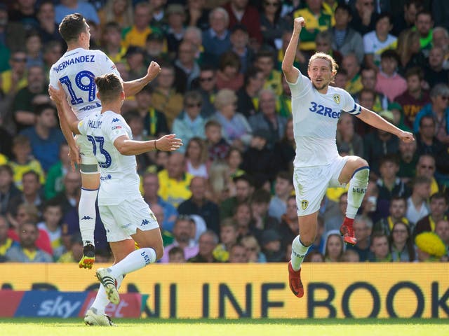 Pablo Hernandez (top left) celebrates scoring his side's third goal of the game