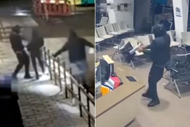 CCTV caught Aka’s knife attack (left) before he began hurling computer terminals around the A&E room