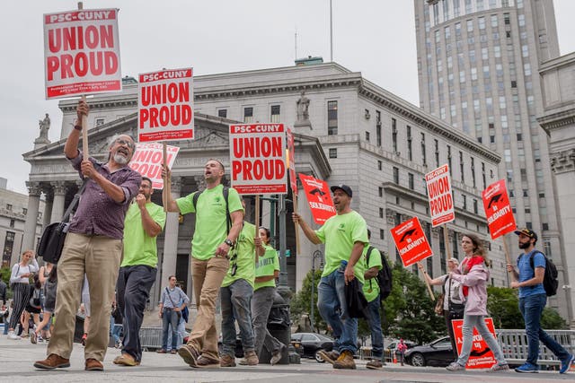 Union activists held an emergency protest in Foley Square in Manhattan after a previous Supreme Court decision on unions