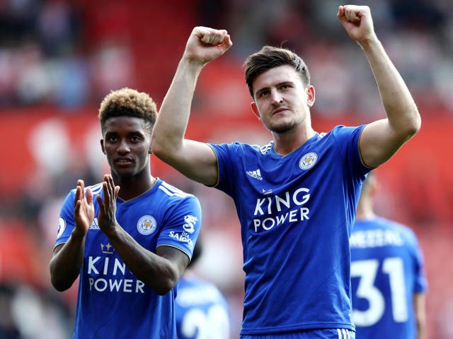 Harry Maguire celebrates Leicester's win after the final whistle