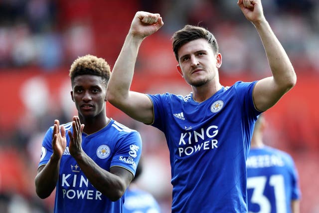 Harry Maguire celebrates Leicester's win after the final whistle
