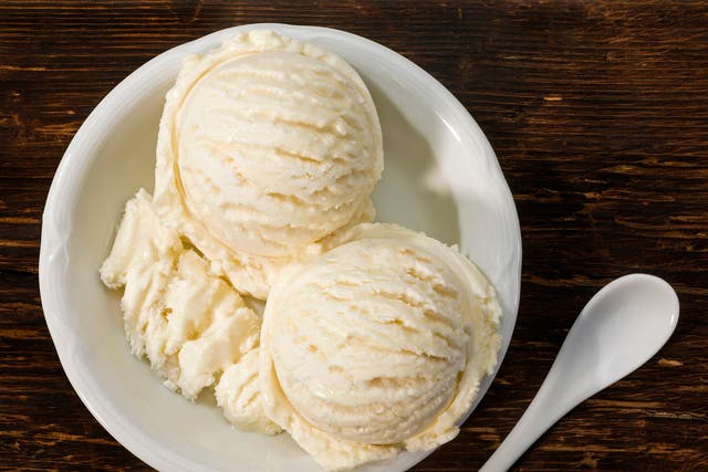Vanilla ice cream is traditionally made from fresh milk, cream, egg yolks, sugar and vanilla, which are frozen and aerated to produce the final product