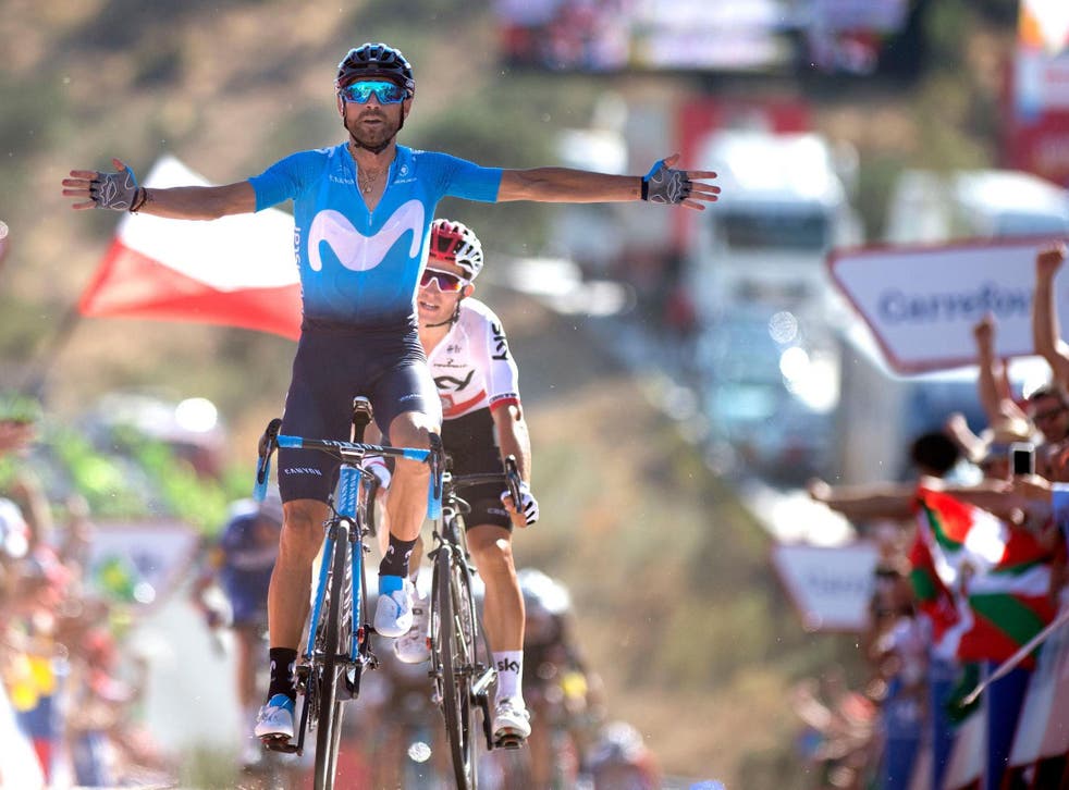 Alejandro Valverde celebrates as he crosses the finishing line in first place