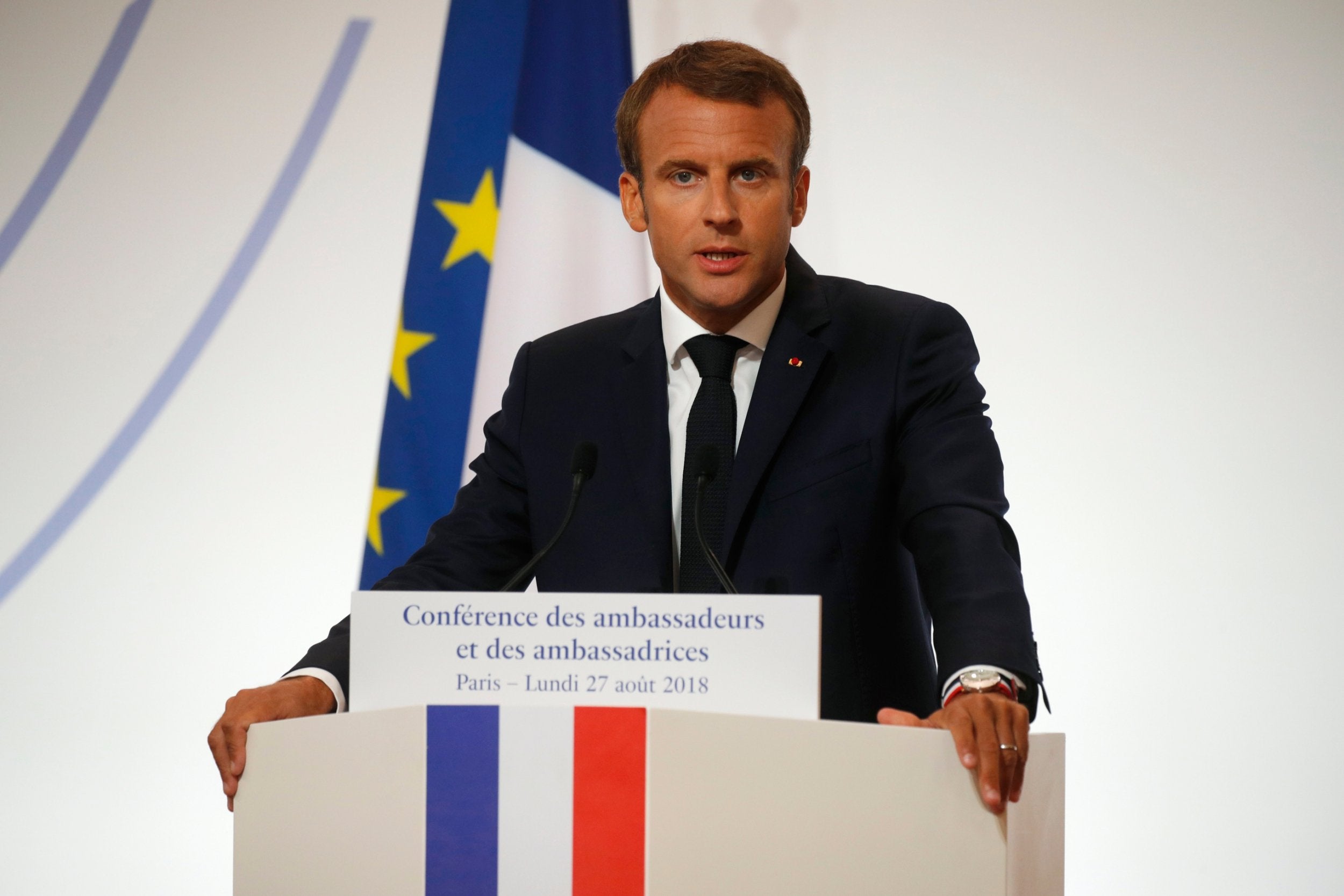 Emmanuel Macron delivers a speech during the annual French ambassadors' conference