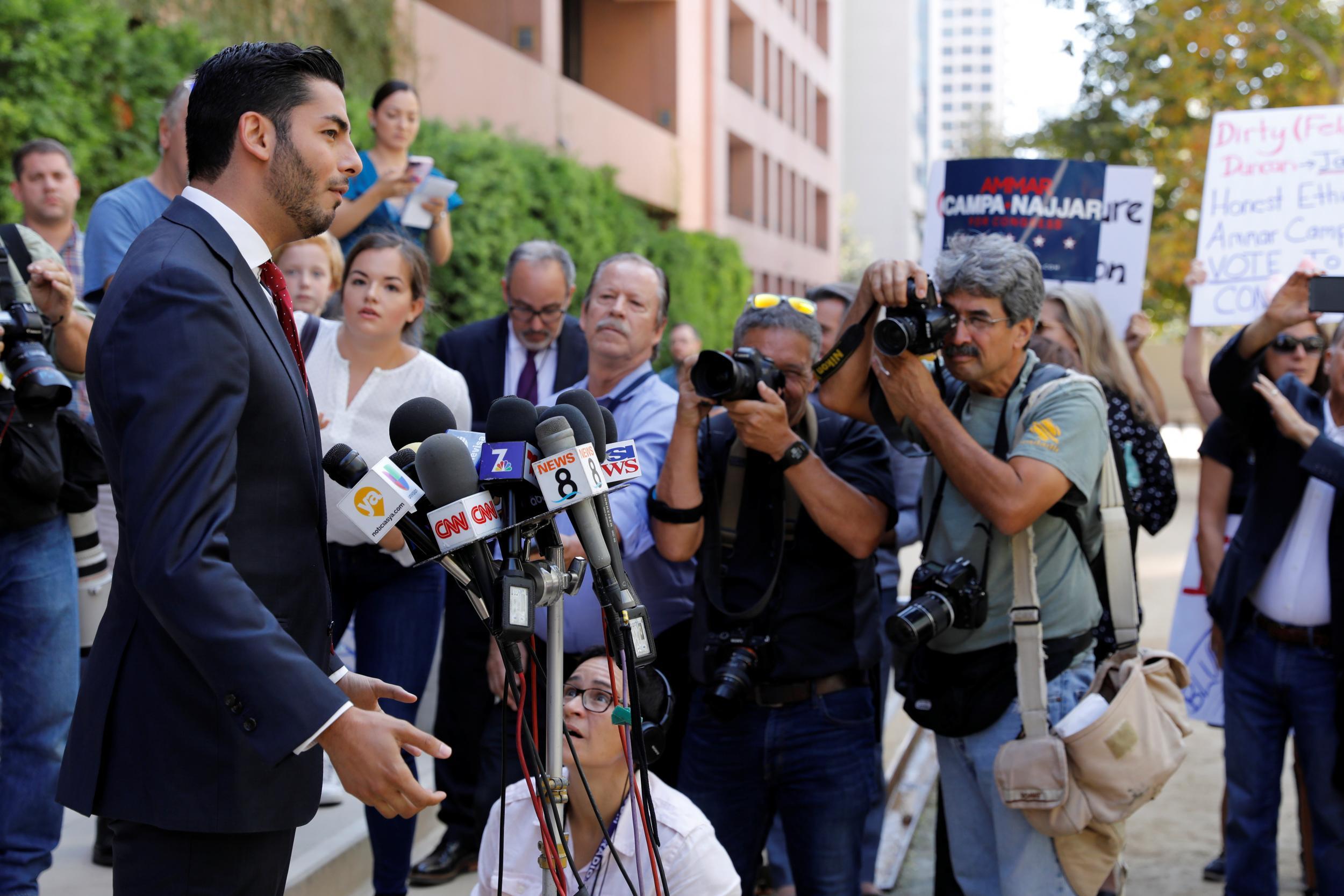 Democratic candidate for the 50th congressional district Ammar Campa Najjar makes an appearance outside federal court where incumbent Duncan Hunter (R-CA) and his wife were being arraigned in San Diego, California, 23 August 2018.