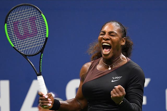 Serena Williams celebrates a winner against Magda Linette