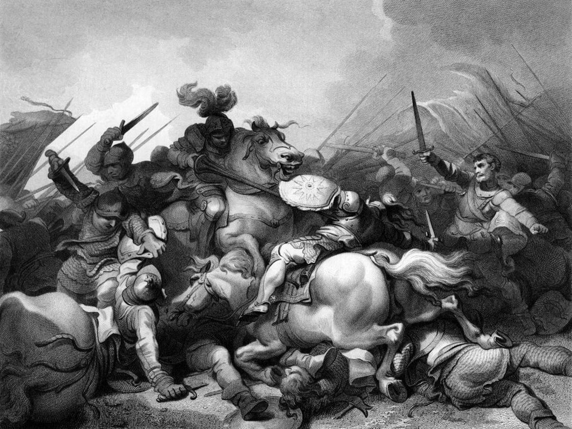 A 19th-century engraving depicting the Battle of Bosworth Field by Philip James de Loutherbourg