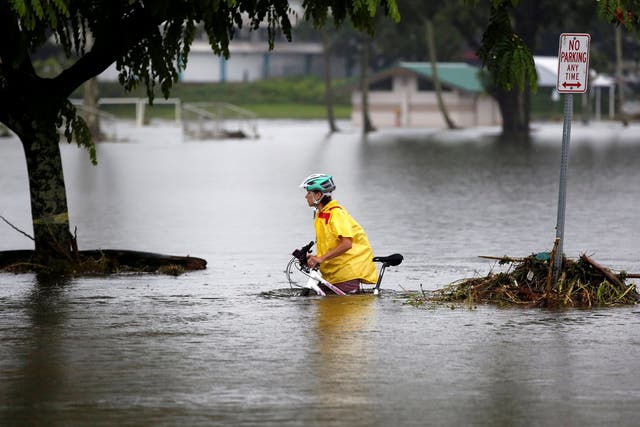 A woman pushes her bike through flooding caused by tropical storm Lane in Hilo, on Hawaii's Big Island