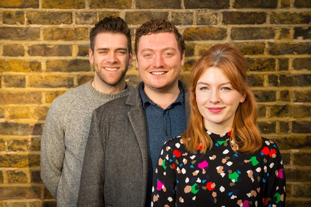 The stars of the podcast 'My Dad Wrote a Porno' (left to right) James Cooper, Jamie Morton and Alice Levine