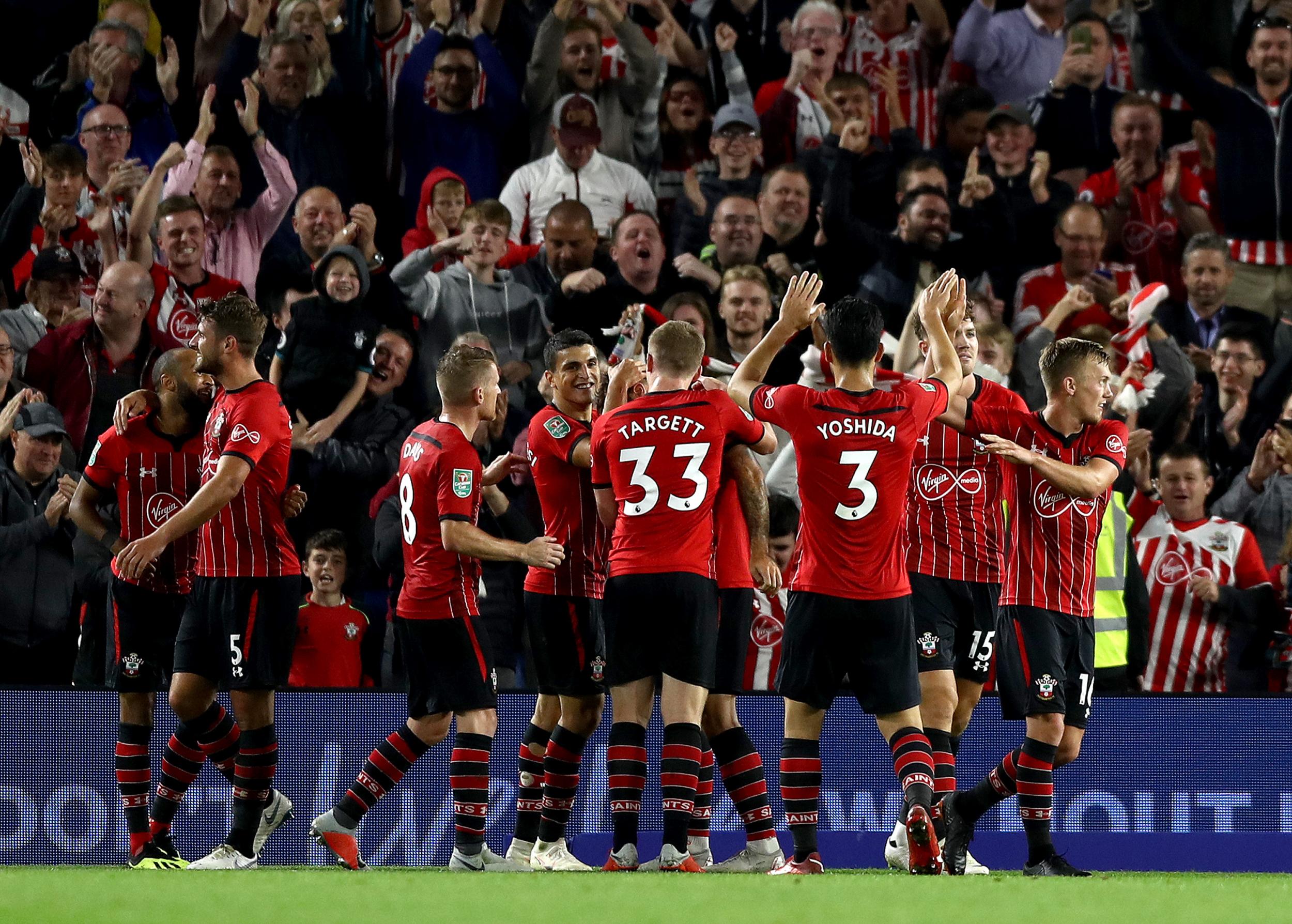 Southampton celebrate Charlie Austin’s goal against Brighton