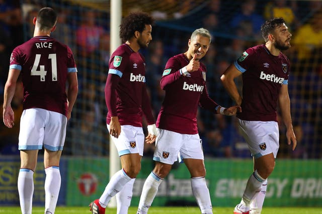 West Ham’s Javier Hernandez celebrates their third goal