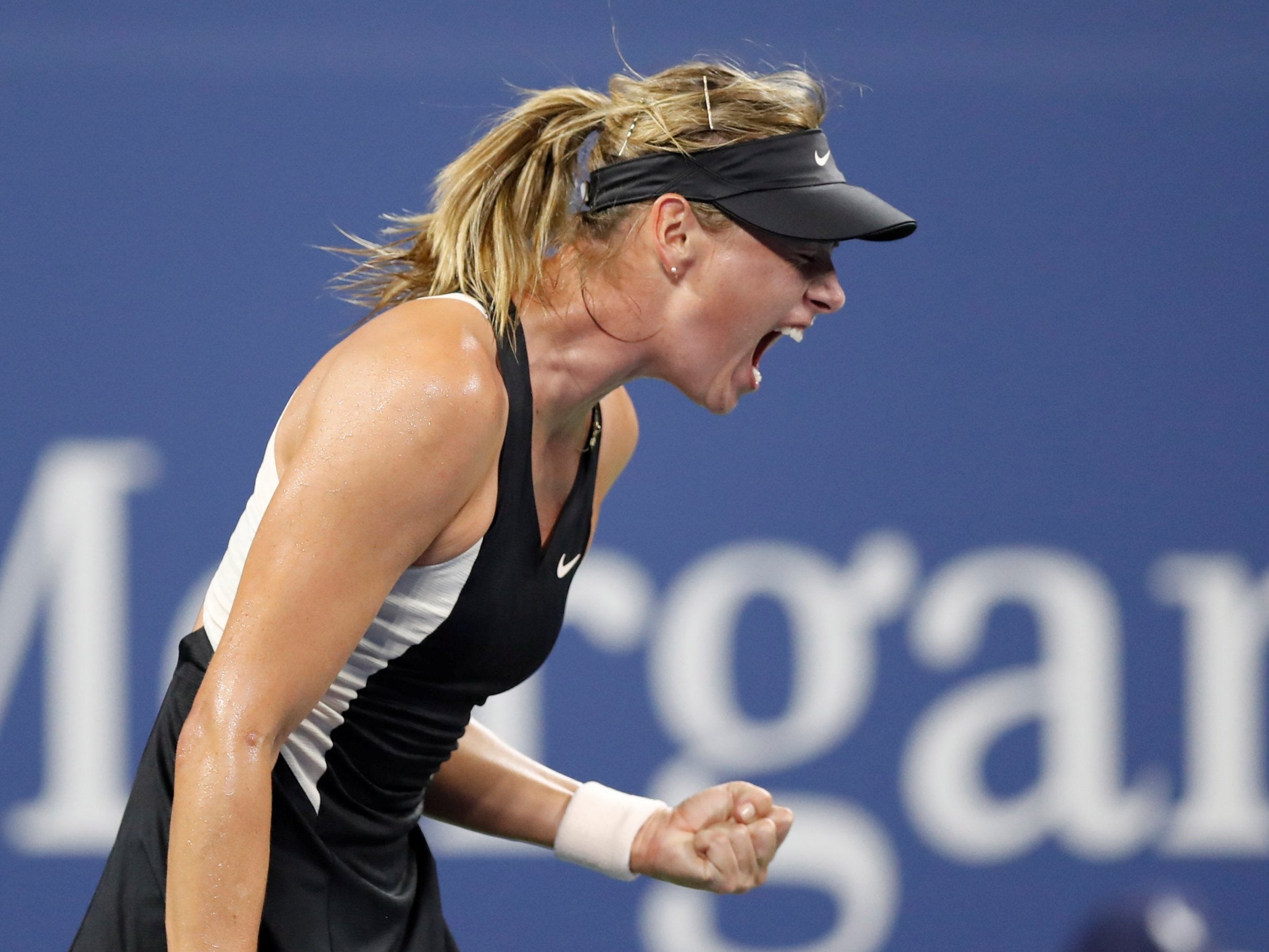 Maria Sharapova celebrates her US Open first-round victory over Patty Schnyder