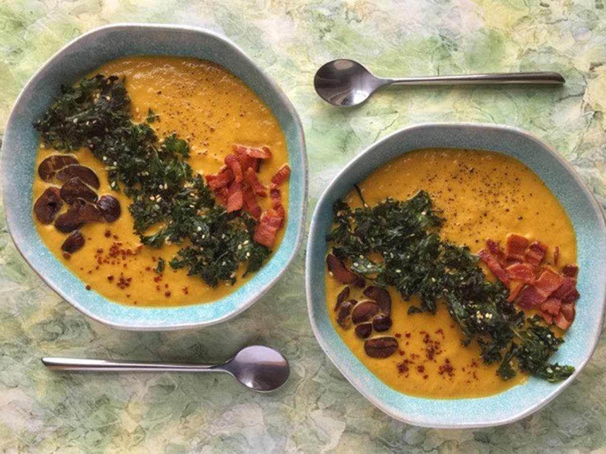 How to make roasted carrot, chestnut and bacon soup with sesame honey kale crisps