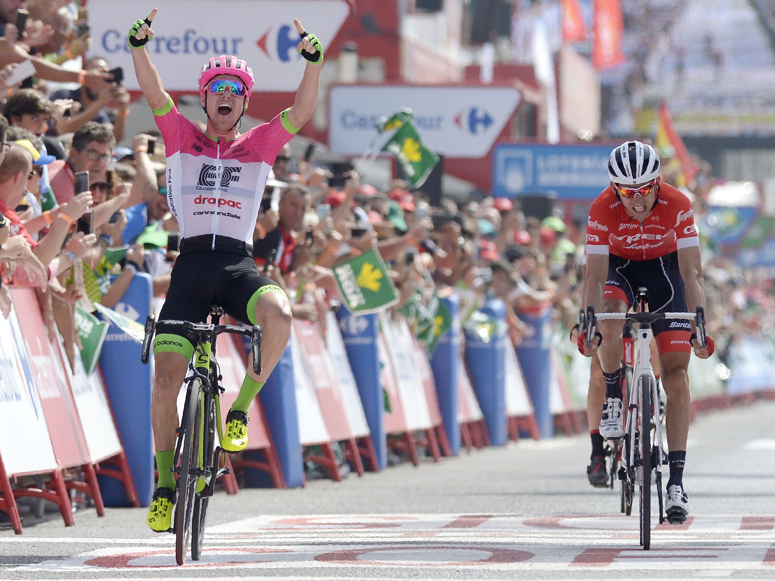 Simon Clarke crosses the line at the end of the fifth stage