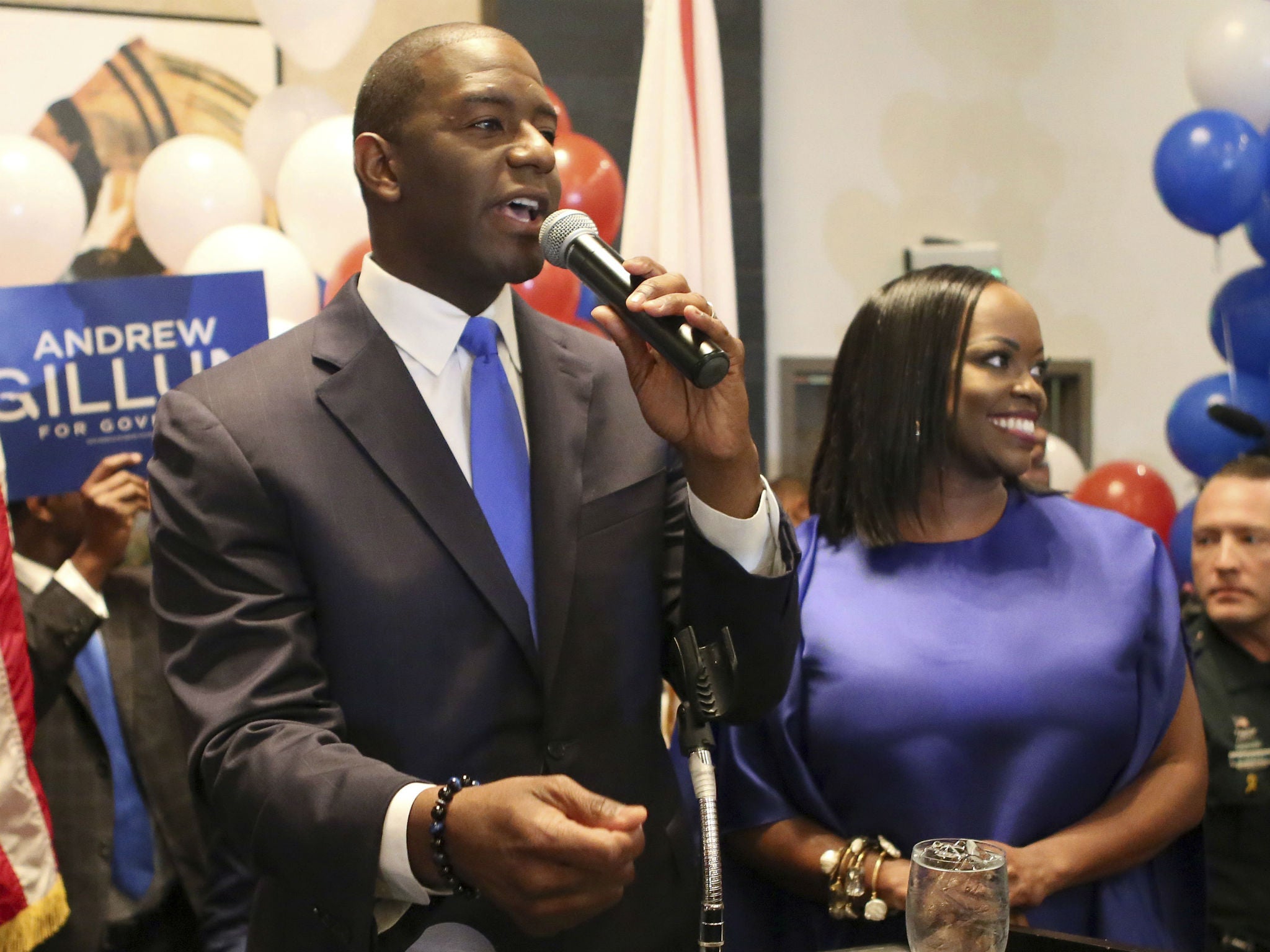 Andrew Gillum and his wife, R Jai Gillum, address supporters after his primary win