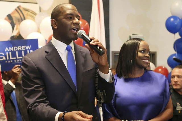 Andrew Gillum and his wife, R Jai Gillum, address supporters after his primary win