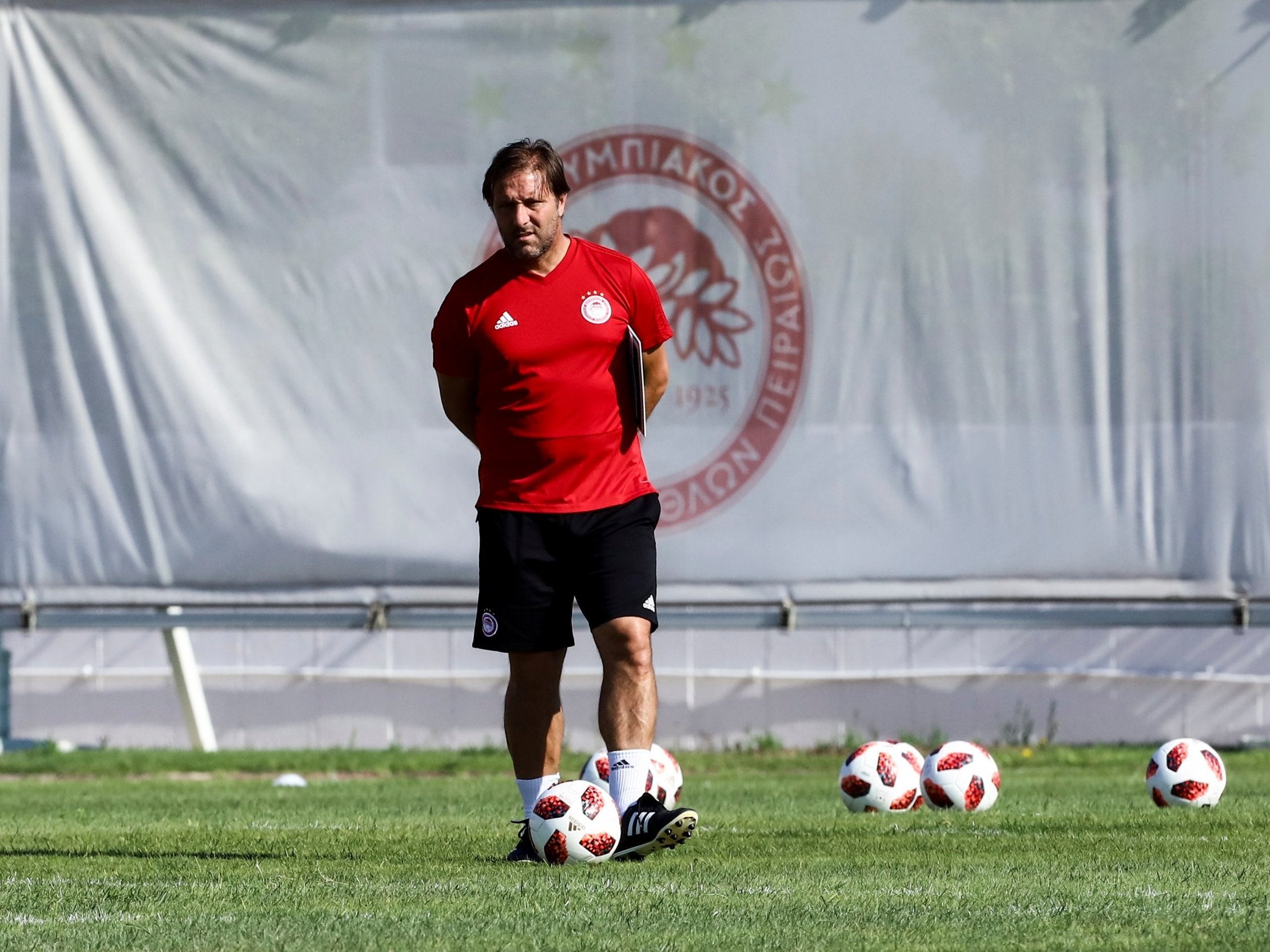 Pedro Martins in training ahead of Olympiakos’s Burnley test