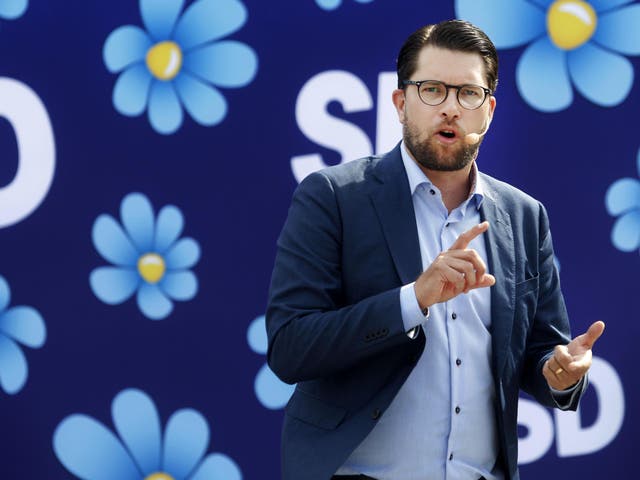 Leader of the Sweden Democrats, Jimmie Akesson campaigns in Sundsvall, Sweden, on Friday Aug. 17, ahead of the upcoming Swedish general election