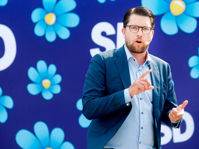 Jimmie Akesson, leader of the Sweden Democrats, campaigns in Sundsvall ahead of Sweden's general election on 9 September