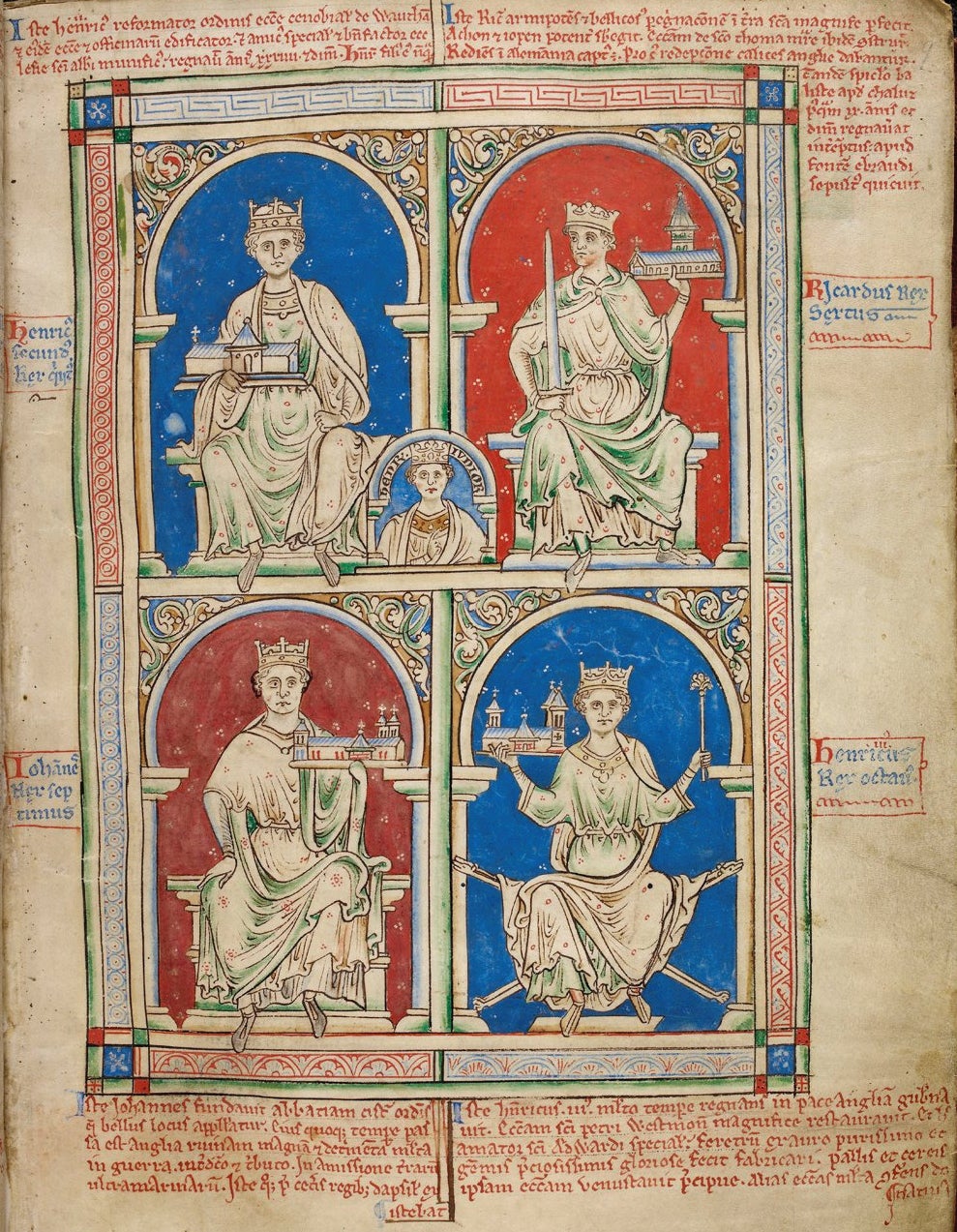 Three generations of restless kings – Henry II (top left), his sons Richard I (top right) and John (bottom left), and grandson Henry III (bottom right). Inset is a depiction of the young Henry, crowned as king of England in his father Henry II’s lifetime but never granted any power