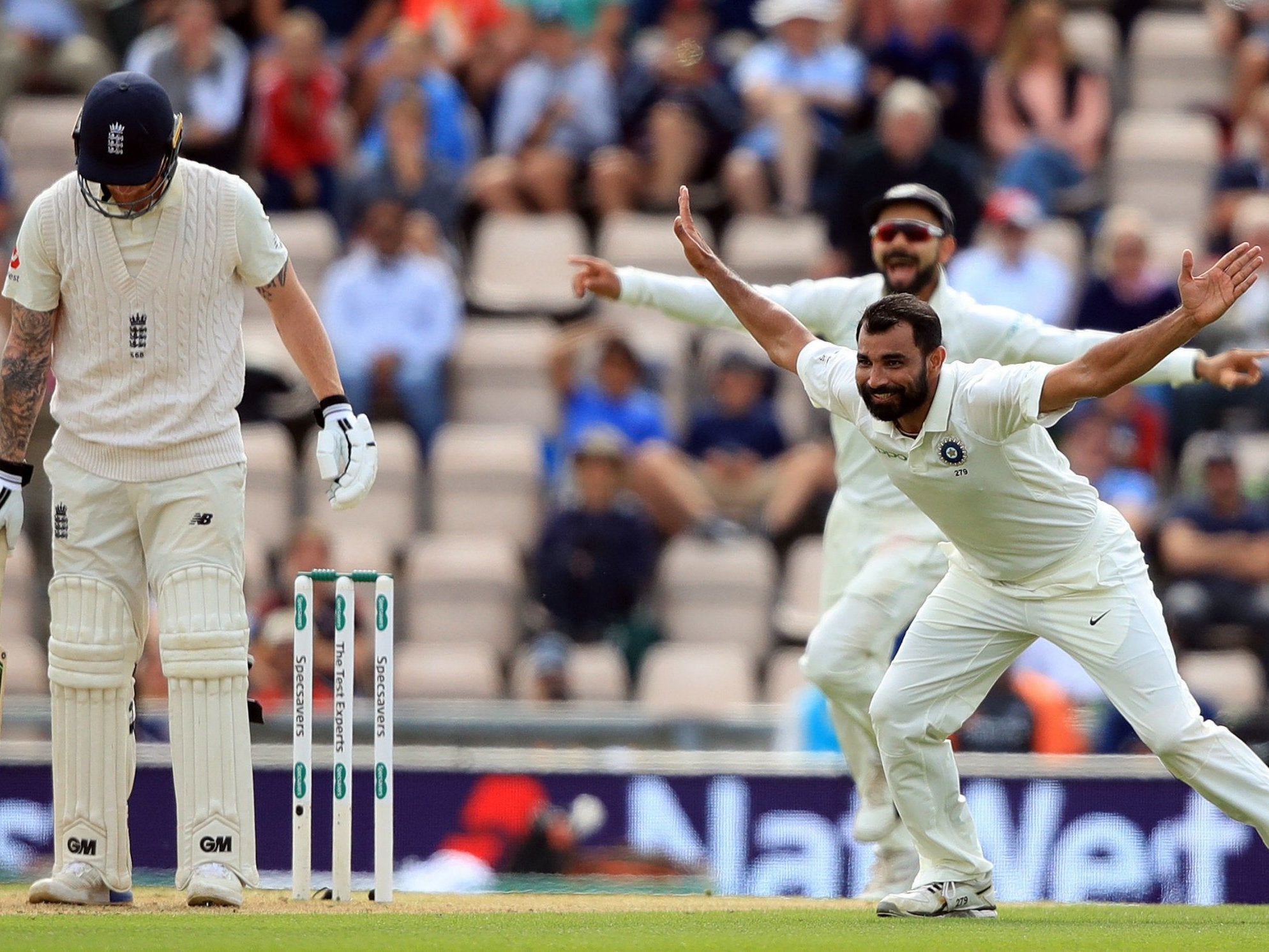 Mohammed Shami appeals for the wicket of England's Ben Stokes
