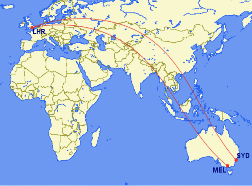 Long hops: map of the most direct routes from Heathrow to Sydney and Melbourne