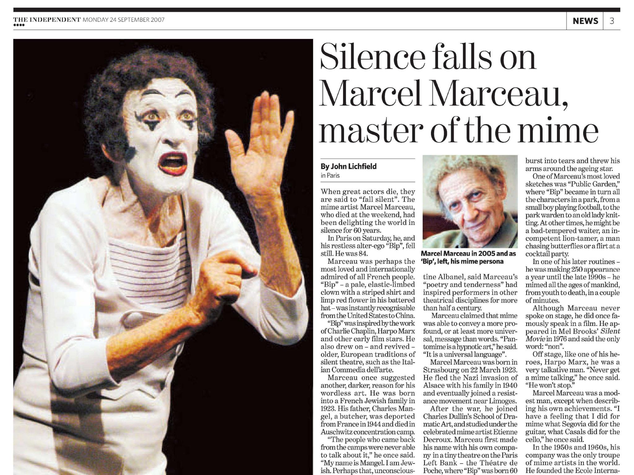 The Independent reports the death of Marcel Marceau on 24 September 2007 (The Independent)