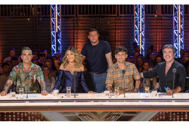 The new faces of The X Factor: Robbie Williams, Ayda Field, Dermot O'Leary, Louis Tomlinson and Simon Cowell