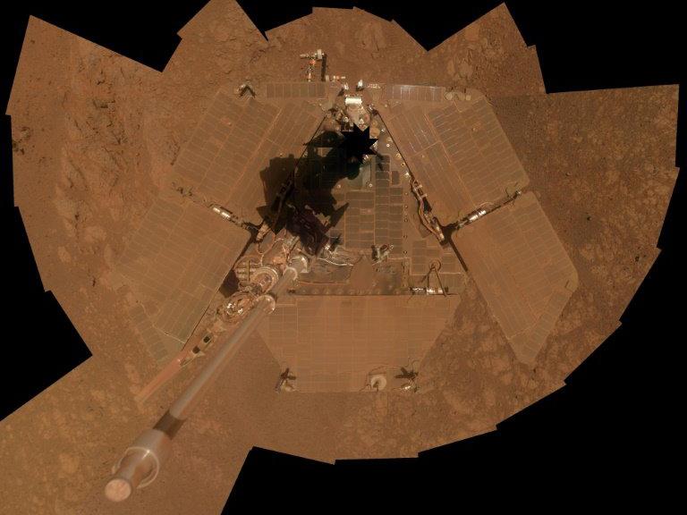 A self-portrait taken by the Opportunity rover, which has been out of reach for three months, in 2014