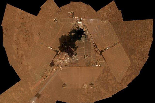 A self-portrait taken by the Opportunity rover, which has been out of reach for three months, in 2014