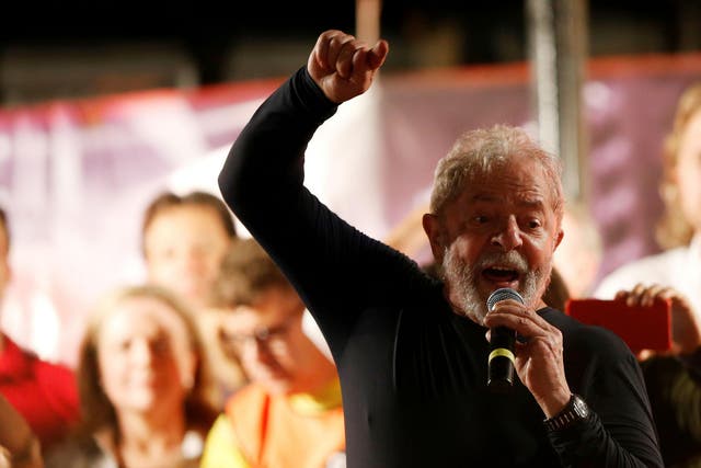 Former Brazilian President Luiz Inacio Lula da Silva speaks during a rally in Curitiba, Brazil