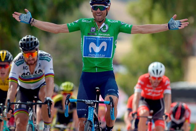 Movistar's Alejandro Valverde celebrates his victory on stage eight