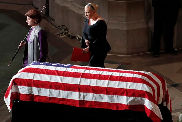 Meghan McCain walks from the podium after speaking at a memorial service for her father, Sen. John McCain, R-Ariz., at Washington National Cathedral in Washington