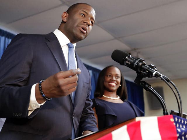 Former Tallahassee Mayor Andrew Gillum and his wife, R. Jai Gillum, at a campaign event in 2018 during his unsuccessful run for governor.