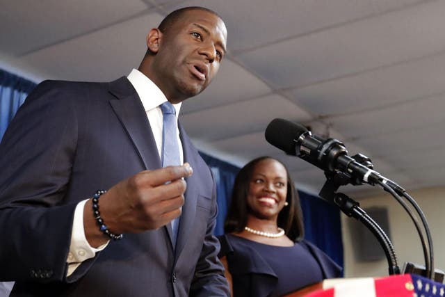 Former Tallahassee Mayor Andrew Gillum and his wife, R. Jai Gillum, at a campaign event in 2018 during his unsuccessful run for governor.