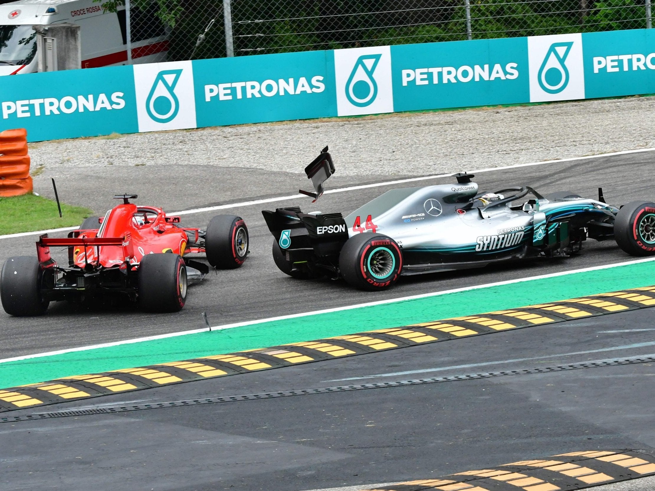 Sebastian Vettel spins after contact with Lewis Hamilton during the Italian Grand Prix