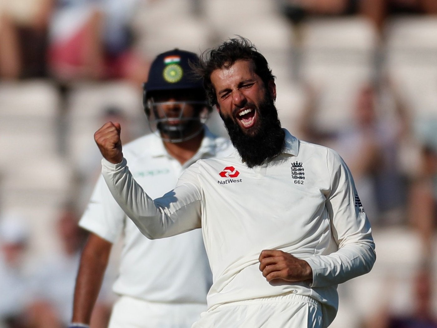 Moeen Ali celebrates after taking the wicket of Ajinkya Rahane as England beat India by 60 runs