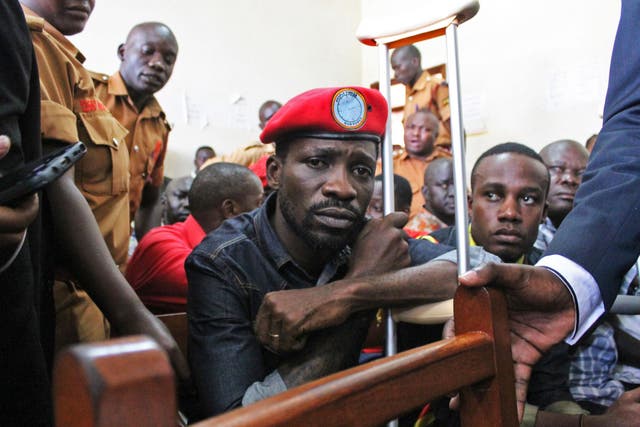 Ugandan singer-turned-politician Robert Kyagulanyi, better known as Bobi Wine, appears at the High Court in Gulu, northern Uganda, on 27 August 27, 2018.