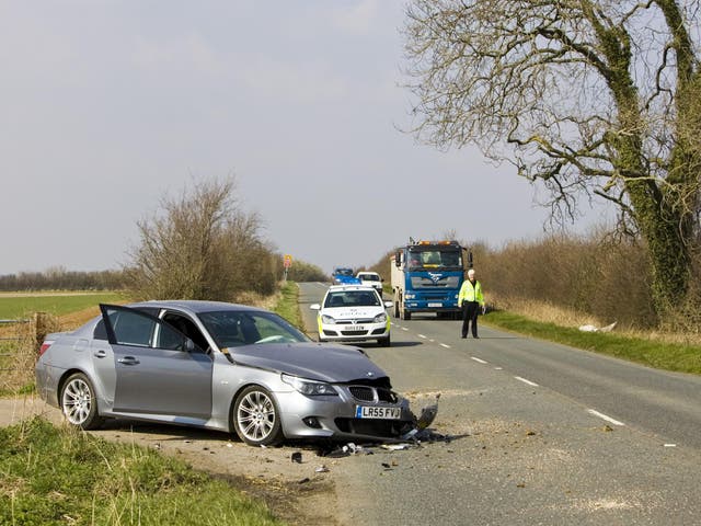 BMW car after a crash, Oxfordshire, England, United Kingdom