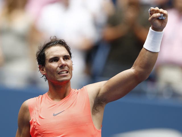 Rafael Nadal reacts after defeating Nikoloz Basilashvili